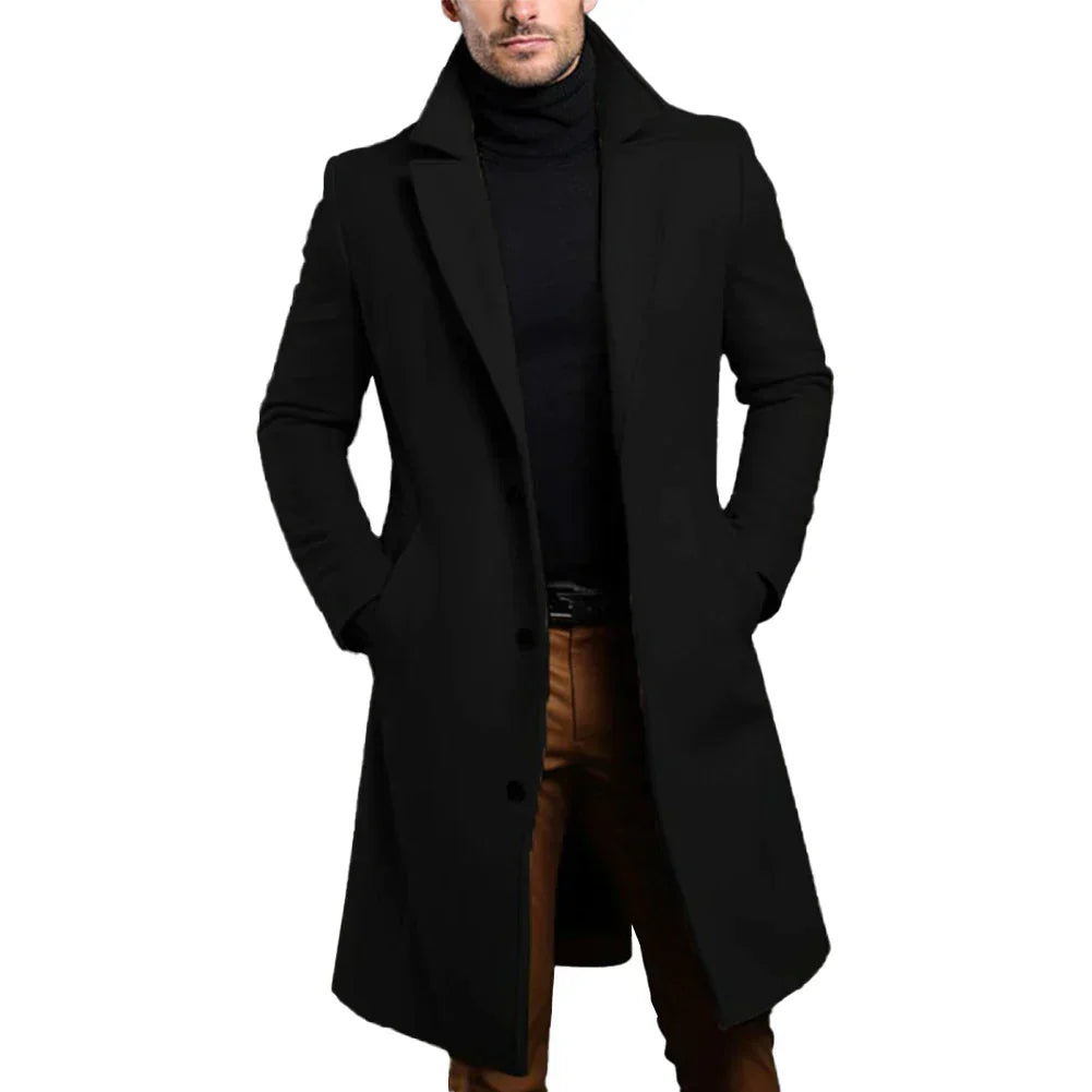 Wool Coat Mens Long Formal Notch Lapel Button Front Business