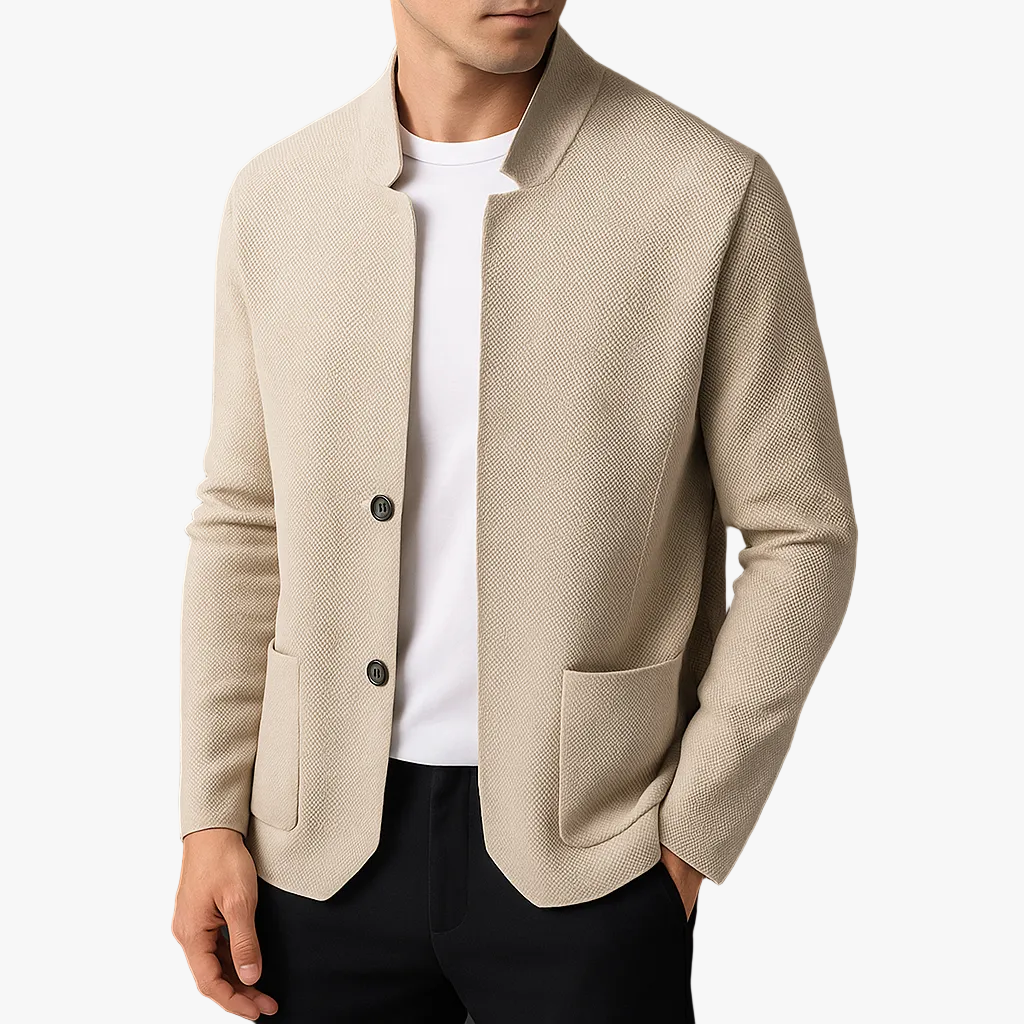 Cardigan Sweater Mens Stand Collar Knit Patch Pockets Straight Front