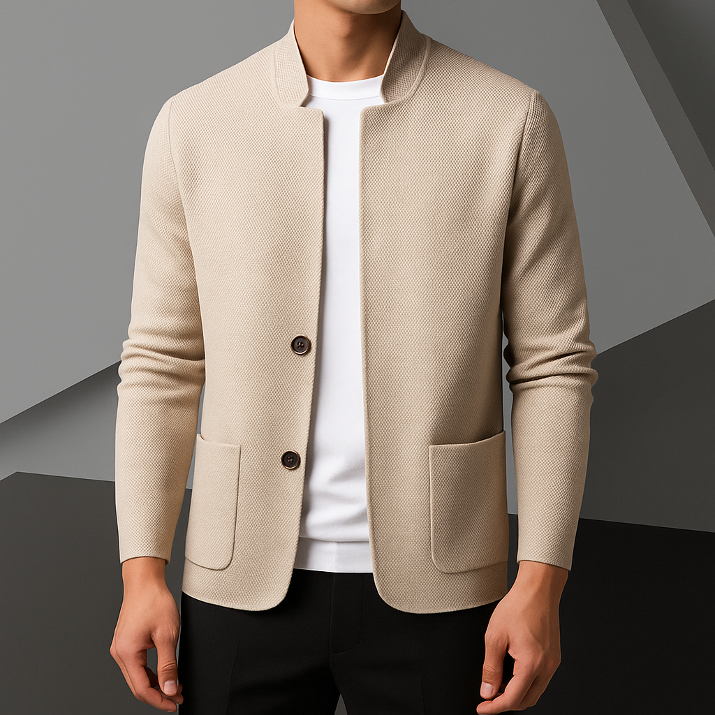 Cardigan Sweater Mens Stand Collar Knit Patch Pockets Straight Front