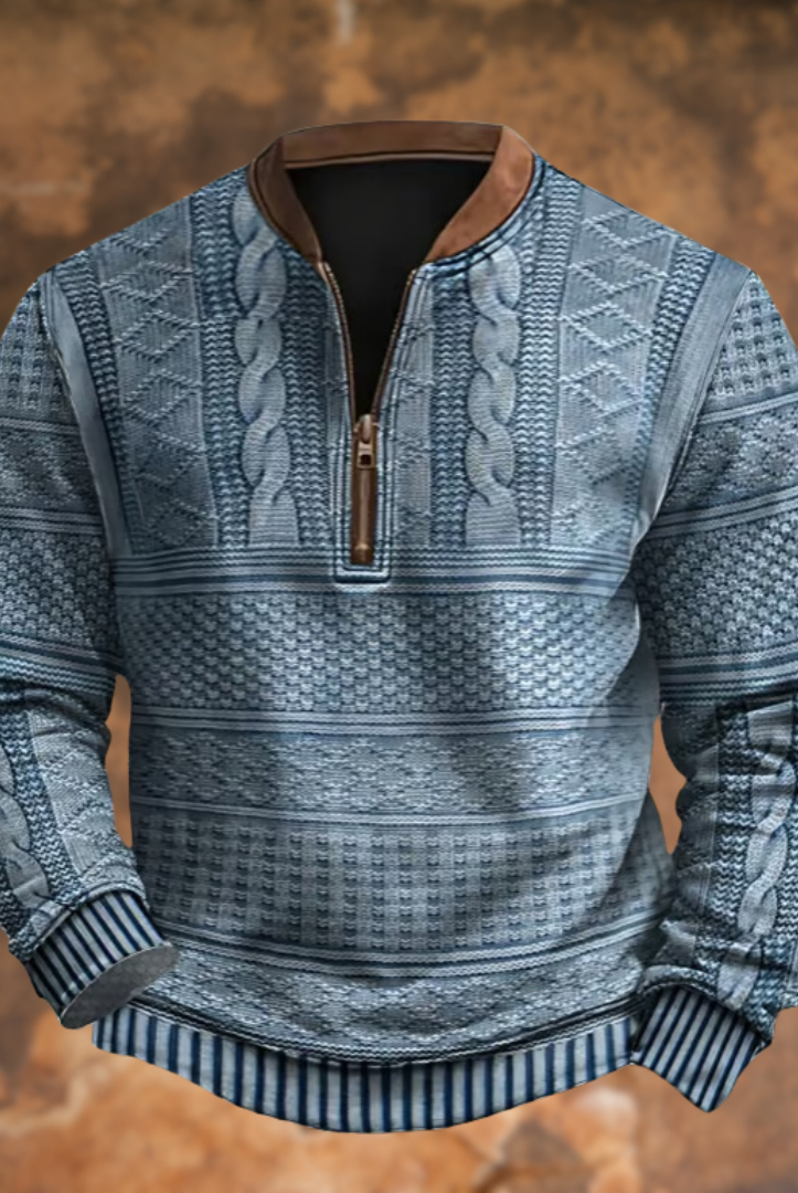 Cable Knit Sweater Mens Quarter Zip Pattern Panel Geometric Pullover