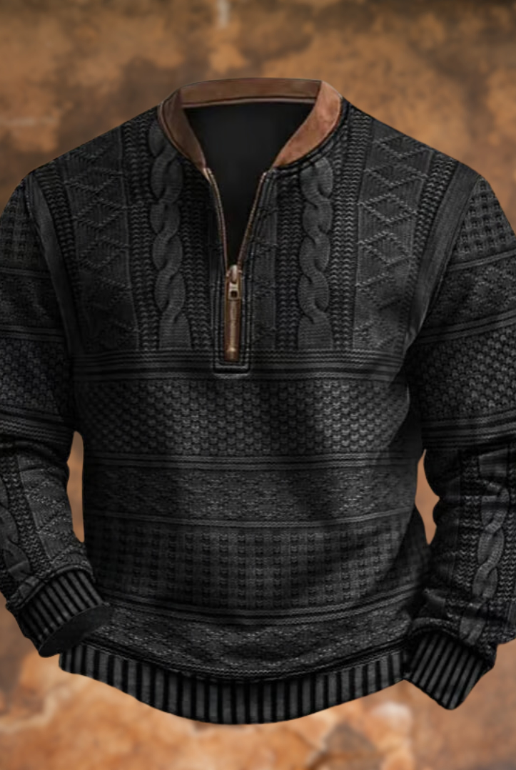 Cable Knit Sweater Mens Quarter Zip Pattern Panel Geometric Pullover