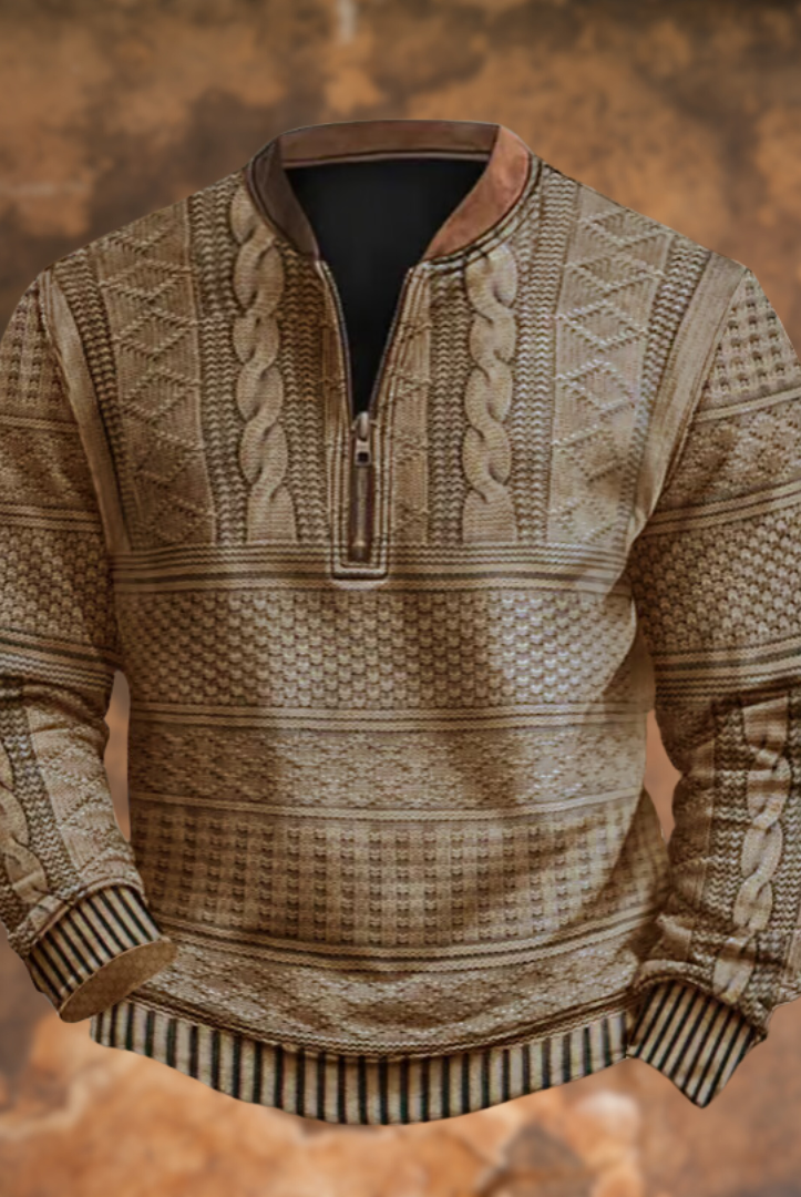 Cable Knit Sweater Mens Quarter Zip Pattern Panel Geometric Pullover