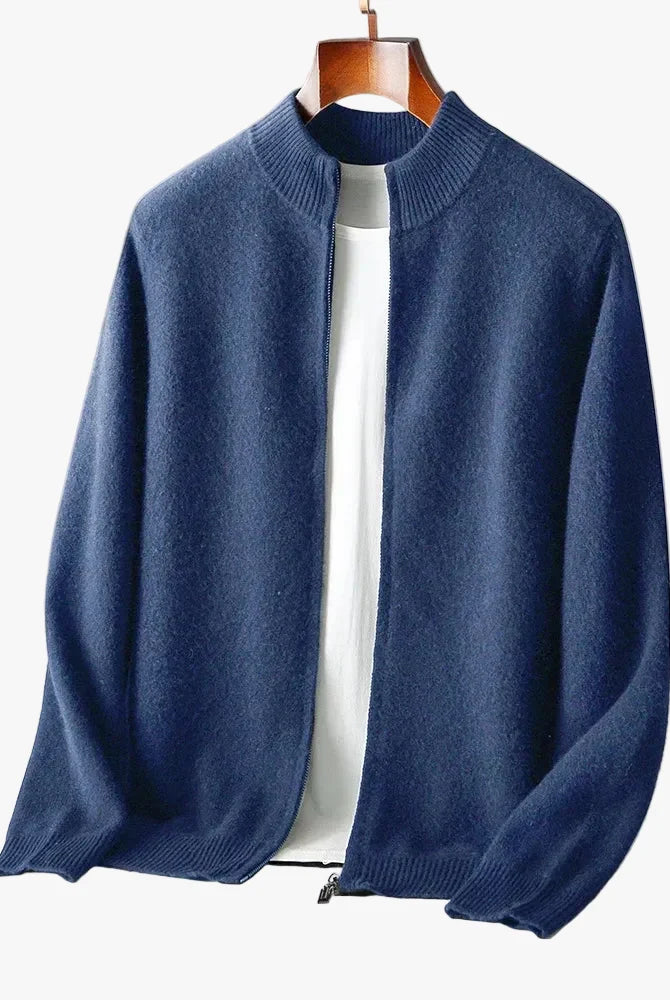 Merino Wool Cardigan Mens Full Zip Mock Neck Plain Knit Layering