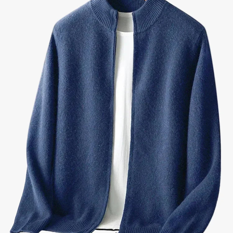 Merino Wool Cardigan Mens Full Zip Mock Neck Plain Knit Layering