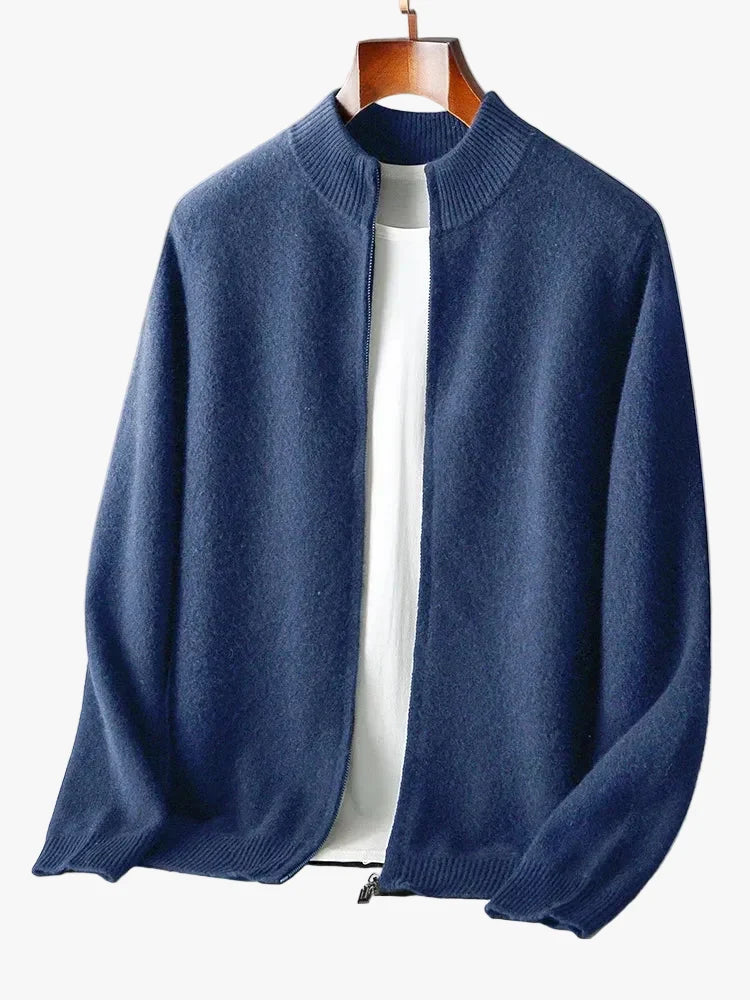 Merino Wool Cardigan Mens Full Zip Mock Neck Plain Knit Layering