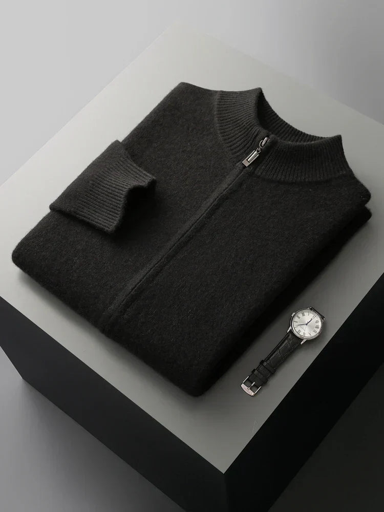 Merino Wool Cardigan Mens Full Zip Mock Neck Plain Knit Layering