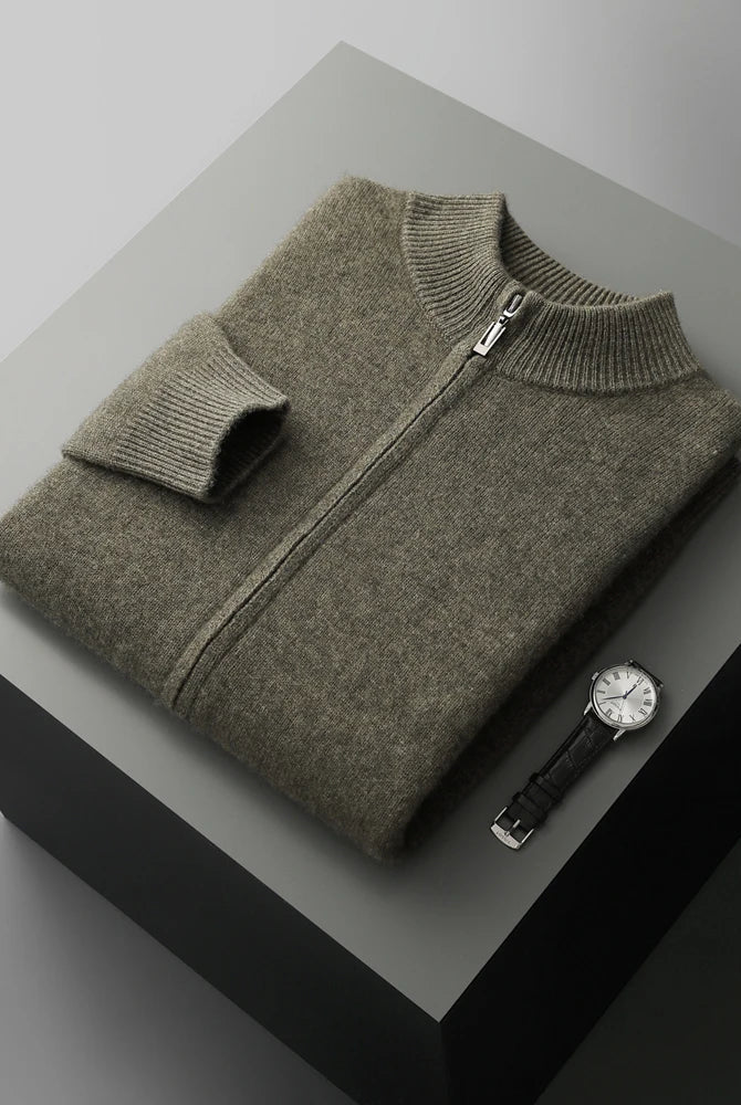 Merino Wool Cardigan Mens Full Zip Mock Neck Plain Knit Layering