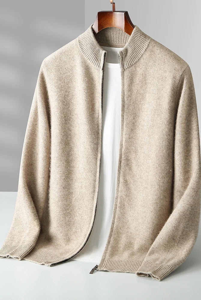 Merino Wool Cardigan Mens Full Zip Mock Neck Plain Knit Layering