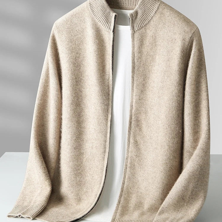 Merino Wool Cardigan Mens Full Zip Mock Neck Plain Knit Layering