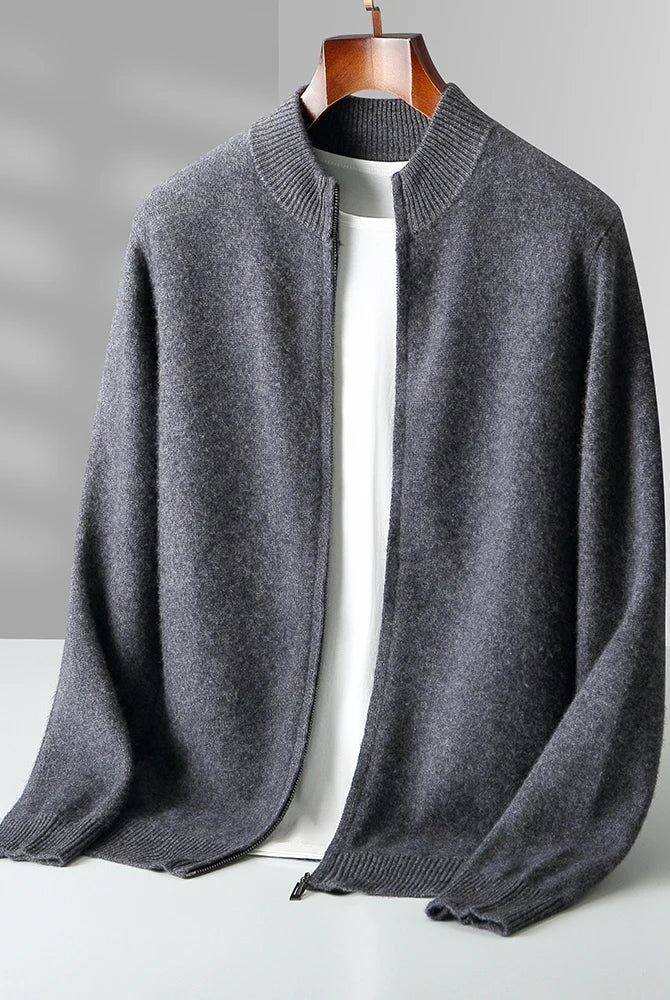 Merino Wool Cardigan Mens Full Zip Mock Neck Plain Knit Layering