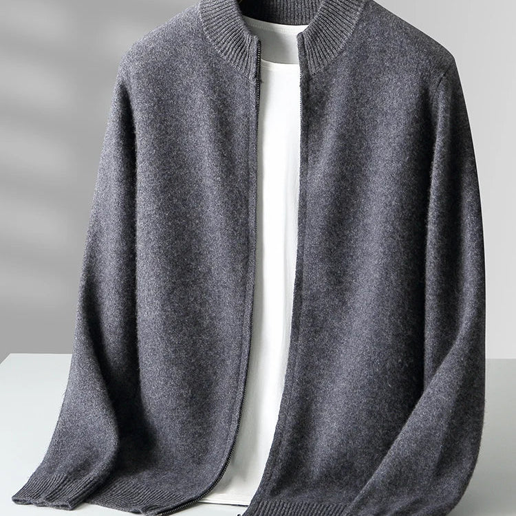 Merino Wool Cardigan Mens Full Zip Mock Neck Plain Knit Layering
