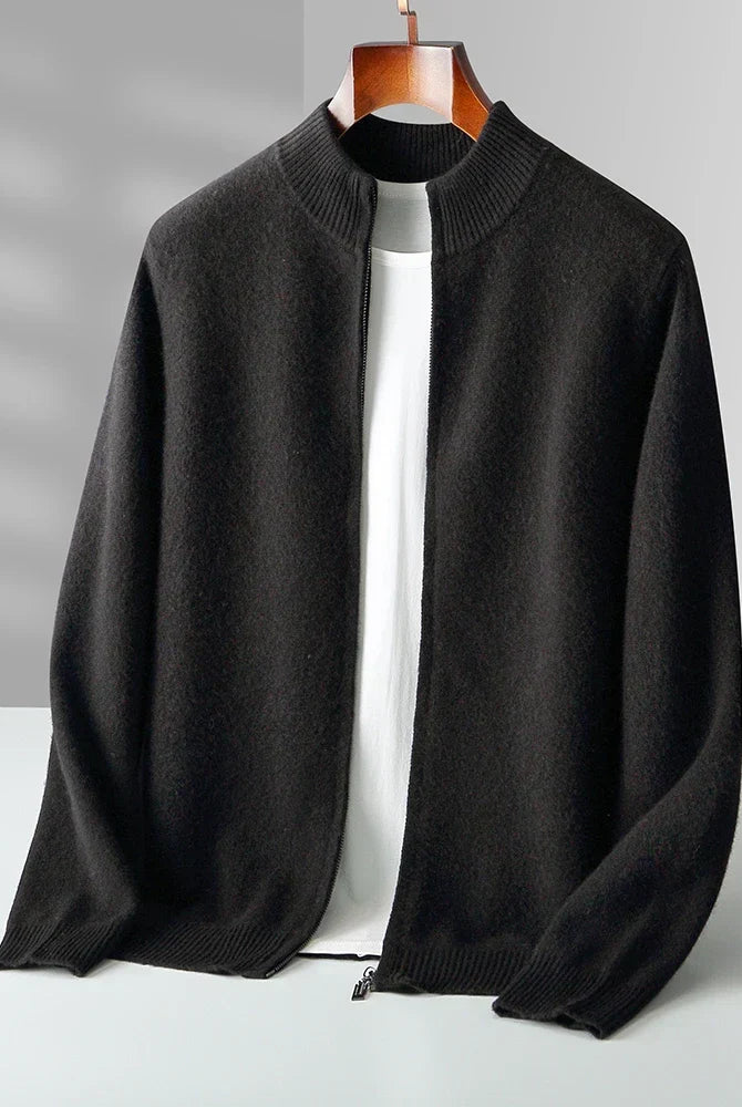 Merino Wool Cardigan Mens Full Zip Mock Neck Plain Knit Layering