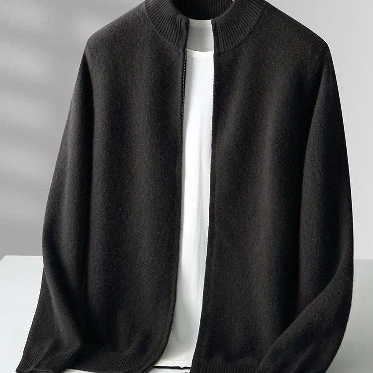 Merino Wool Cardigan Mens Full Zip Mock Neck Plain Knit Layering
