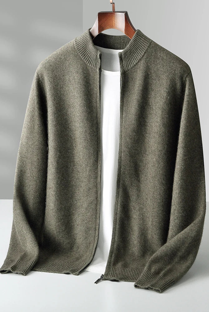 Merino Wool Cardigan Mens Full Zip Mock Neck Plain Knit Layering