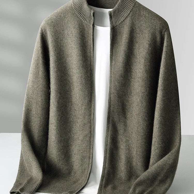 Merino Wool Cardigan Mens Full Zip Mock Neck Plain Knit Layering