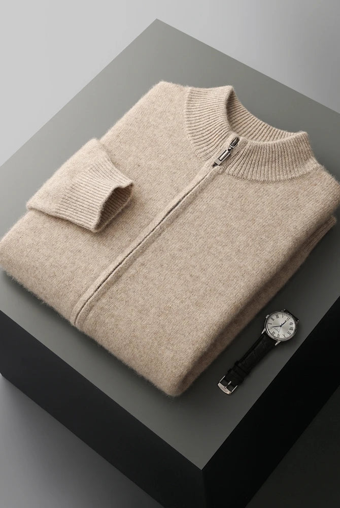 Merino Wool Cardigan Mens Full Zip Mock Neck Plain Knit Layering