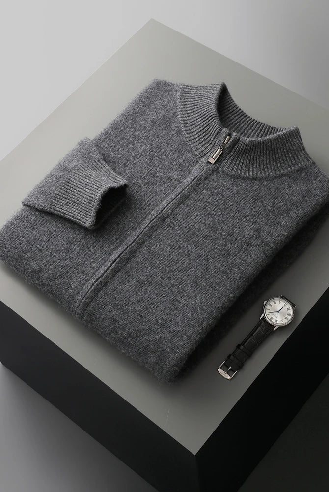 Merino Wool Cardigan Mens Full Zip Mock Neck Plain Knit Layering