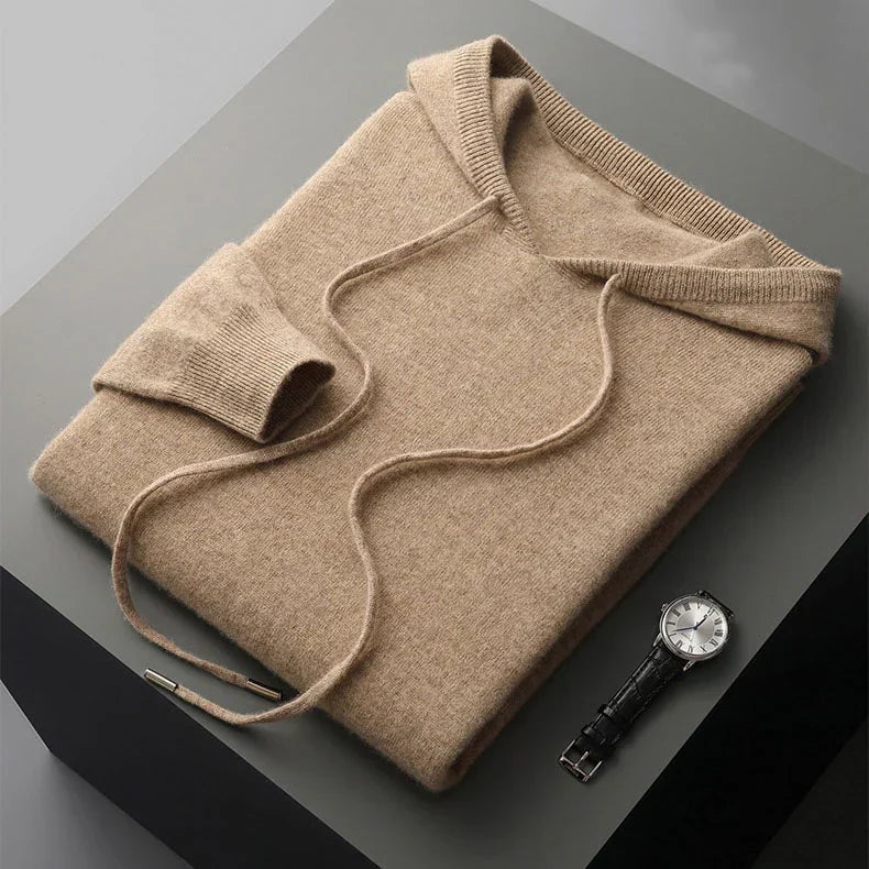 Merino Wool Hoodie Mens Knit Pullover Drawstring Ribbed Trim