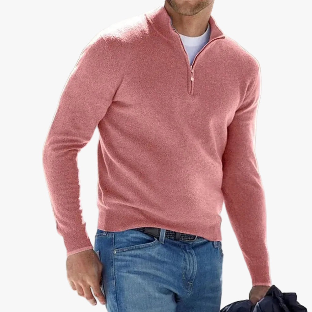 Knit Sweater Mens Quarter Zip Stand Collar Rib Hem Solid Pullover