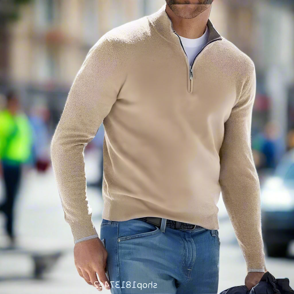 Knit Sweater Mens Quarter Zip Stand Collar Rib Hem Solid Pullover