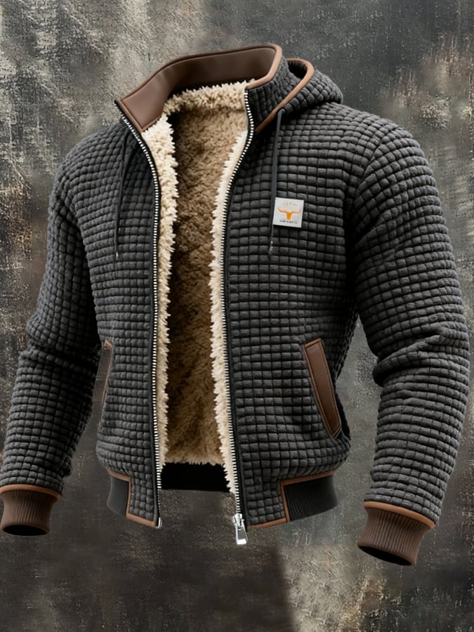 Puffer Jacket Mens Hooded Grid Quilted Fleece Lined Drawcord Winter
