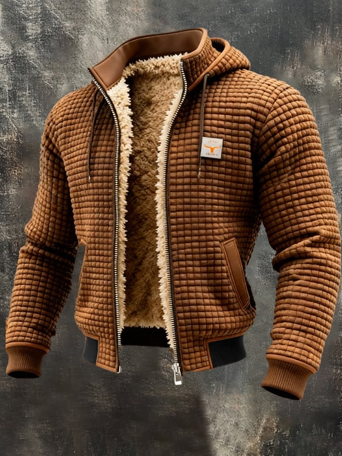 Puffer Jacket Mens Hooded Grid Quilted Fleece Lined Drawcord Winter