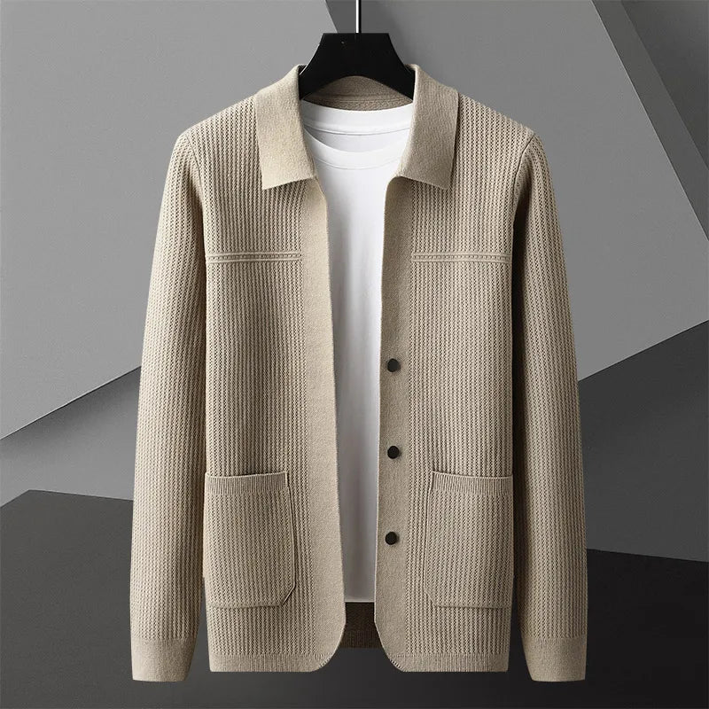Cardigan Sweater Mens Rib Knit Point Collar Button Front Pockets