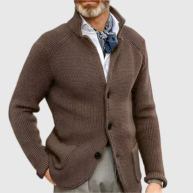Cardigan Sweater Mens Waffle Knit Stand Collar Button Front Textured