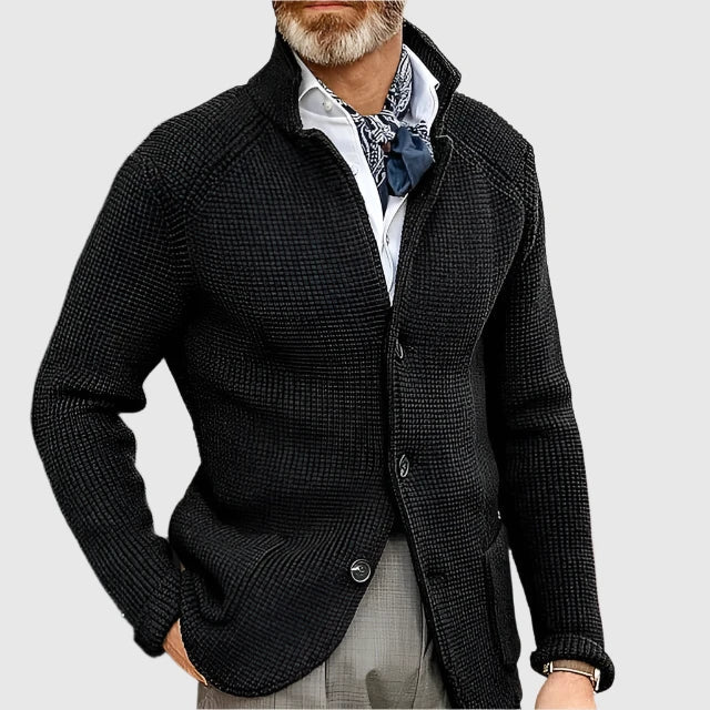 Cardigan Sweater Mens Waffle Knit Stand Collar Button Front Textured