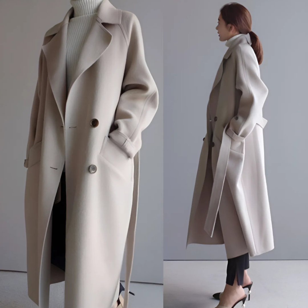 Winter Wool Feel Belted Long Wrap Coat for Women