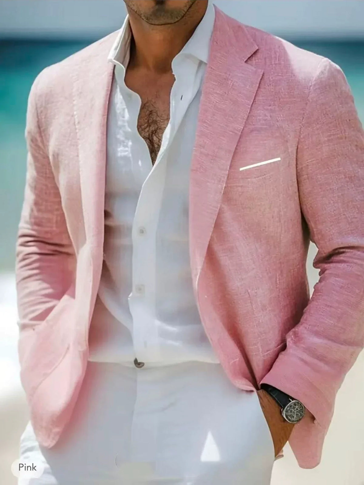 Blazer Mens Linen Look Soft Shoulder Notch Lapel Patch Pocket