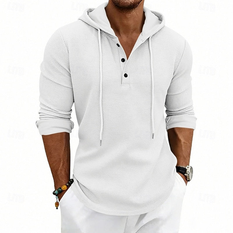 Henley Shirt Mens Hooded Long Sleeve Button Placket Relaxed Layer