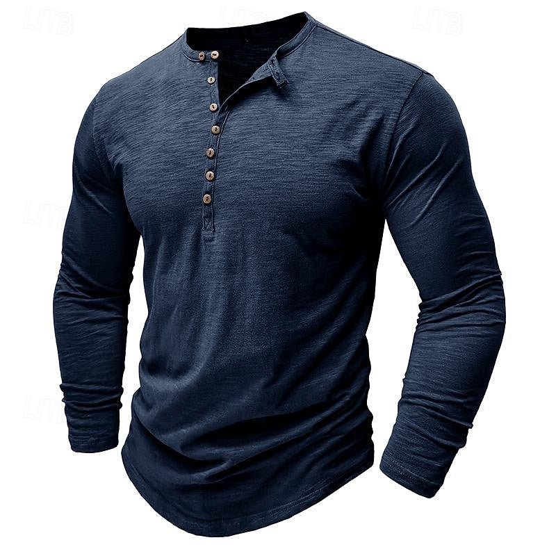 Henley Shirt Mens Long Sleeve Button Placket Cotton Classic Fit
