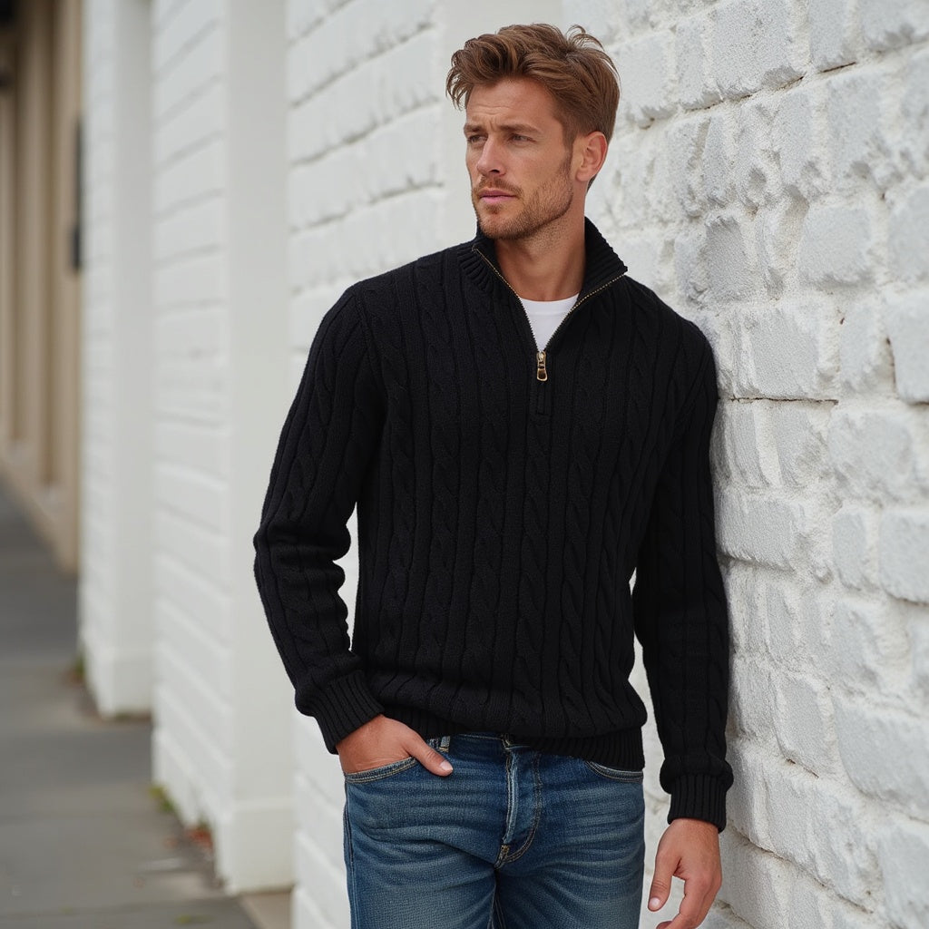 Fall Cable Knit Stand Collar Quarter Zip Sweater for Men