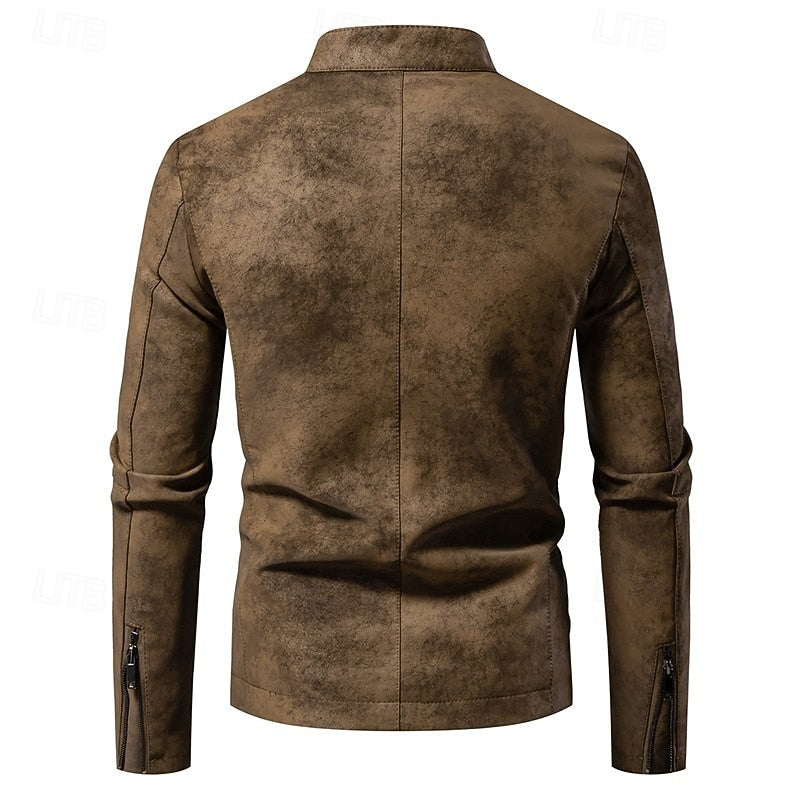 Leather Jacket Mens Faux Biker Stand Collar Zip Front Classic