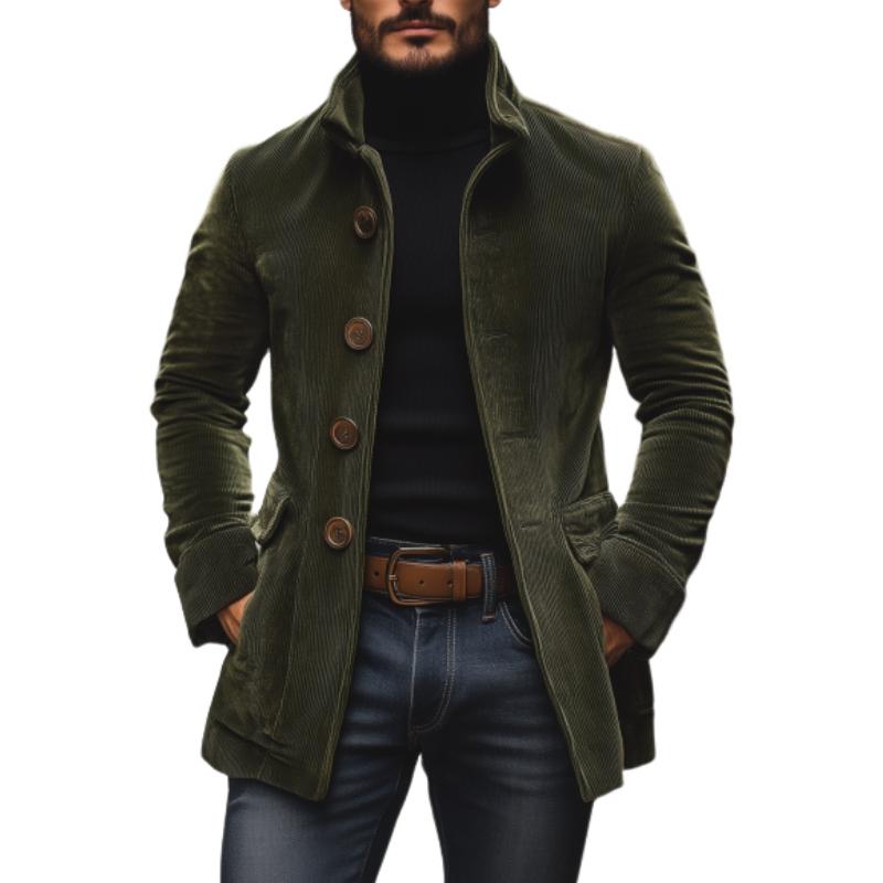 Fall Corduroy Stand Collar Button Front Short Coat for Men in Army Green