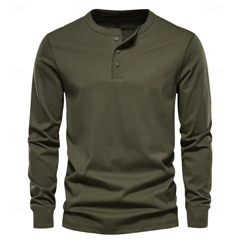 Henley Shirt Mens Long Sleeve Plain Placket Smooth Knit Everyday
