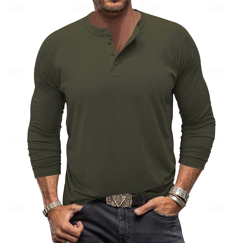 Henley Shirt Mens Long Sleeve Plain Placket Smooth Knit Everyday