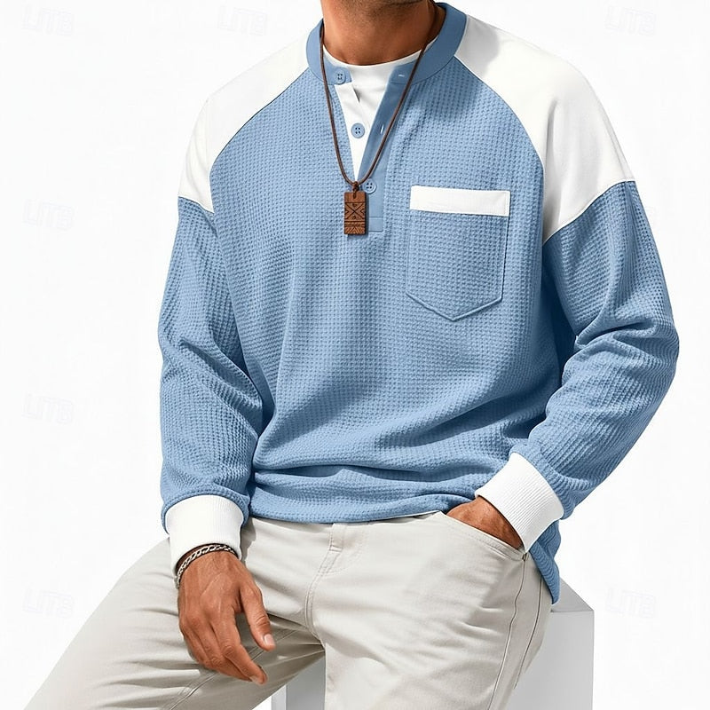 Henley Shirt Mens Colour Block Long Sleeve Button Placket Contrast