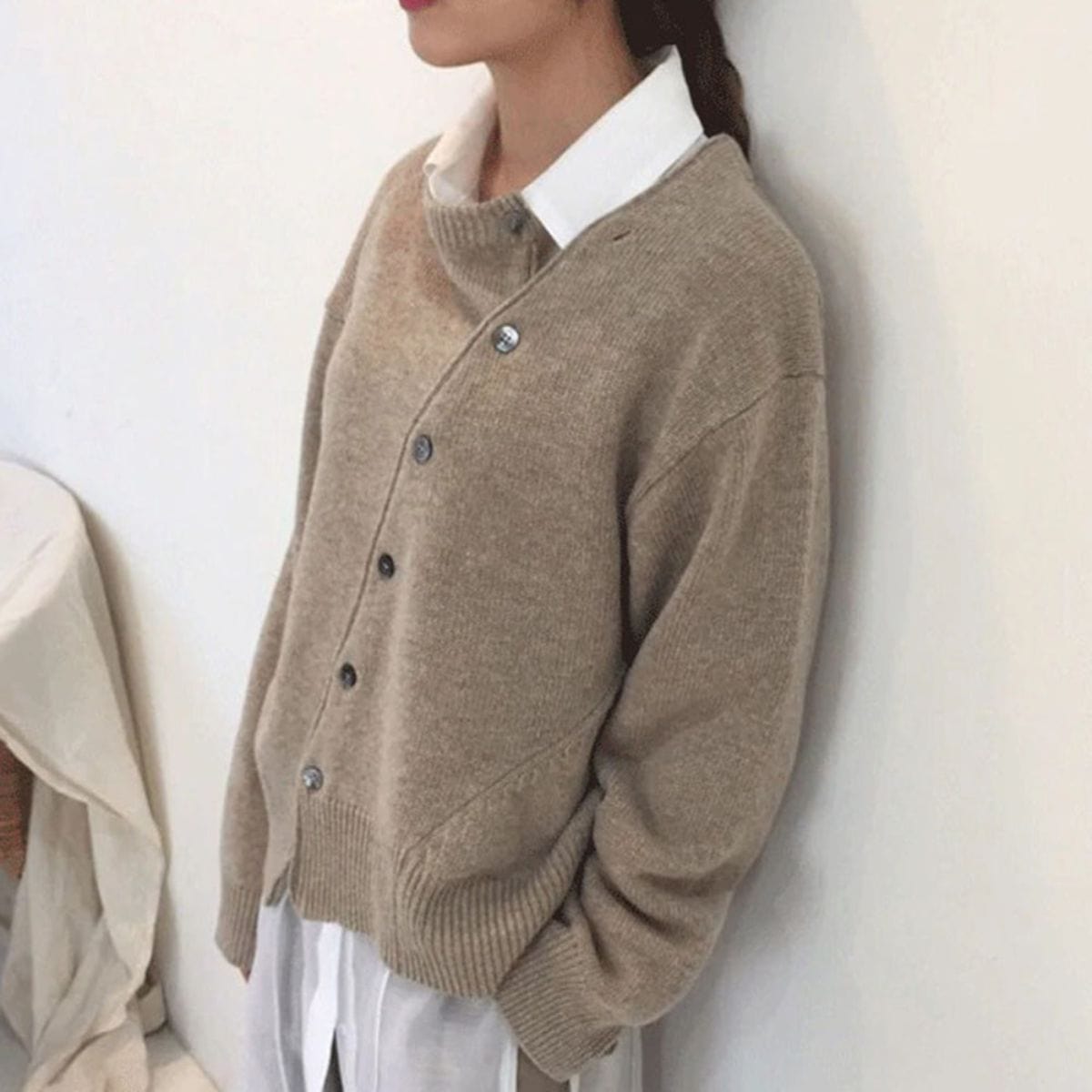 Fall Asymmetric Button Crew Neck Cardigan for Women in Taupe