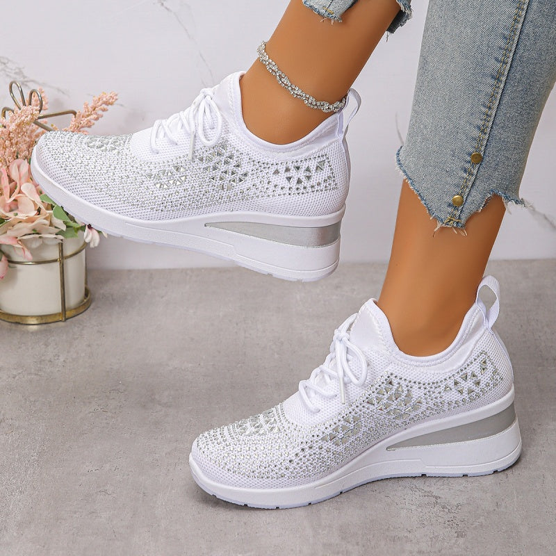 Fall Rhinestone Wedge Orthopedic Style Sneakers for Women in White
