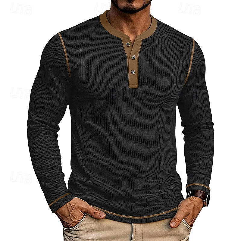 Henley Shirt Mens Ribbed Texture Long Sleeve Placket Soft Jersey