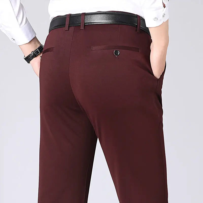 Stretch Elastic Waist Flat Front Dress Pants for Men in Burgundy