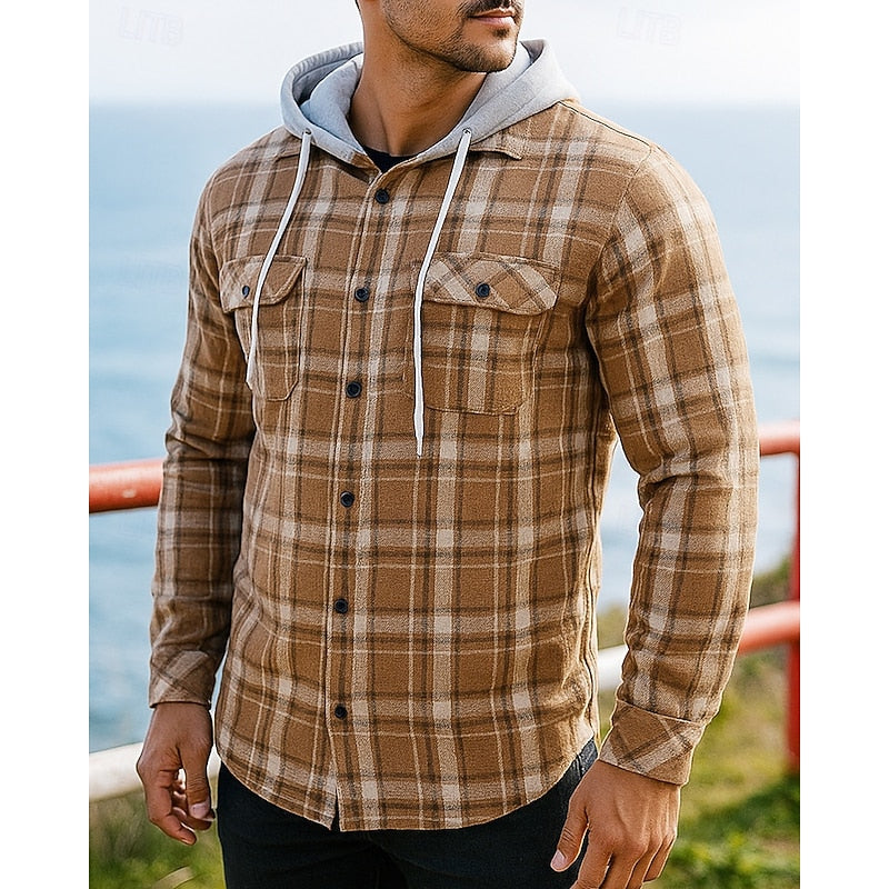 Flannel Shirt Jacket Mens Hooded Plaid Button Front Warm Overshirt