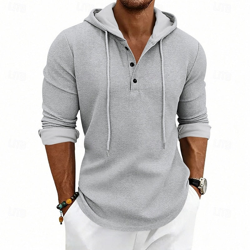 Henley Shirt Mens Hooded Long Sleeve Button Placket Relaxed Layer