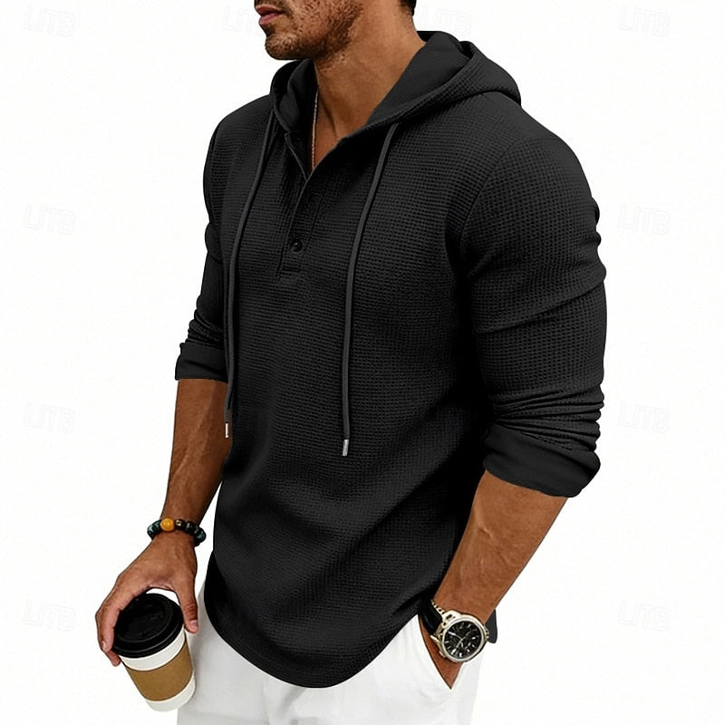 Henley Shirt Mens Hooded Long Sleeve Button Placket Relaxed Layer