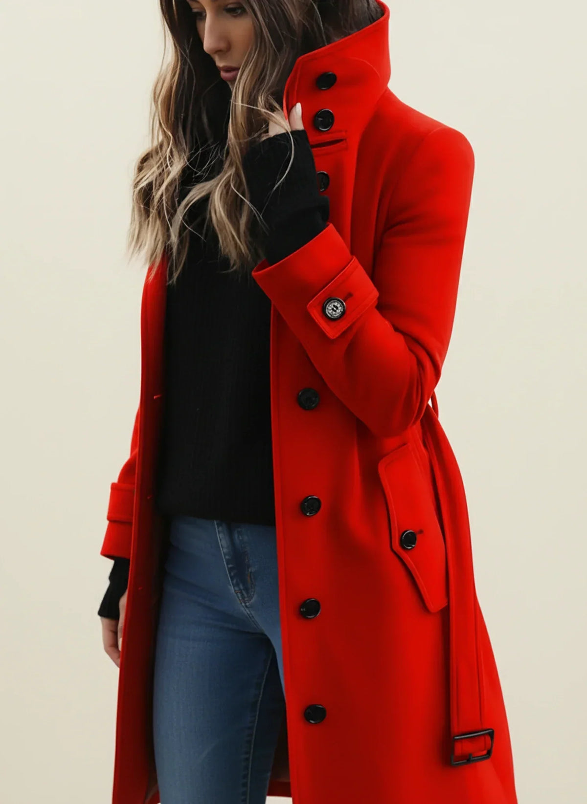 Winter Brushed Belted Longline Stand Collar Coat for Women in Red
