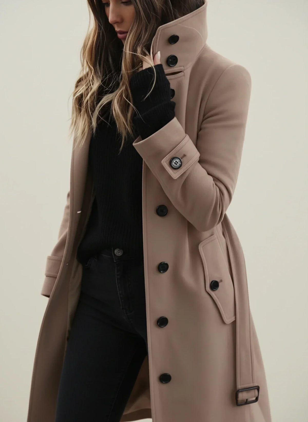 Winter Brushed Belted Longline Stand Collar Coat for Women in Beige