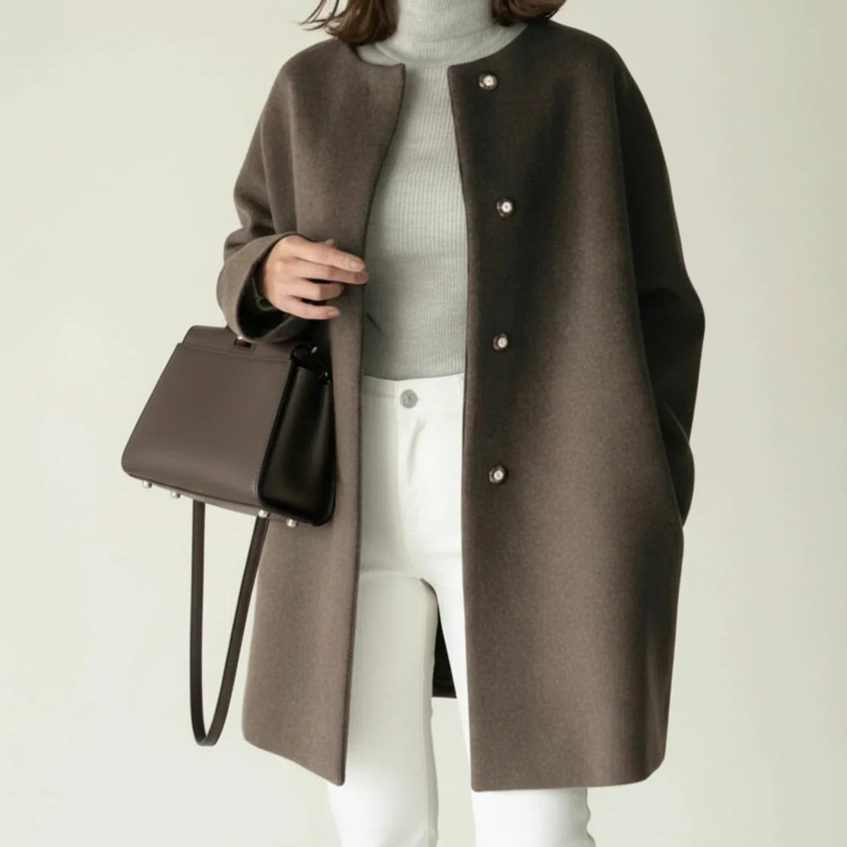 Winter Brushed Collarless Longline Cocoon Coat for Women in Brown