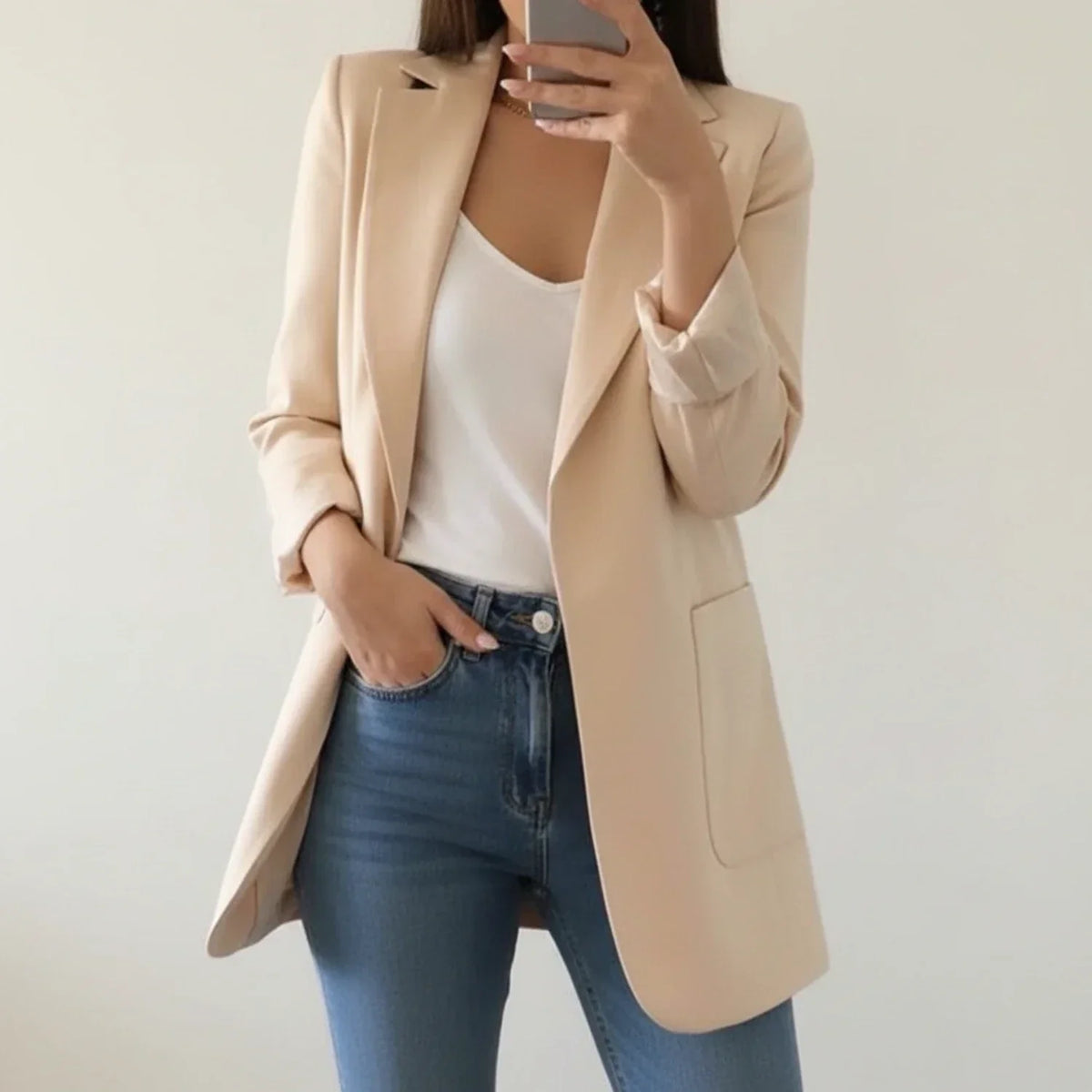 Fall Soft Shoulder Open Front Longline Blazer for Women in Apricot